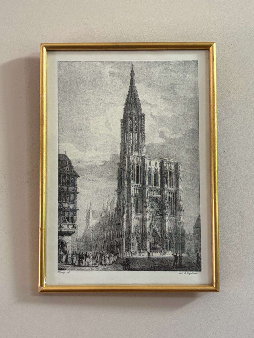 Antique Godefroy Engelmann Strasbourg Cathedral Lithograph Gold Tone Frame Art